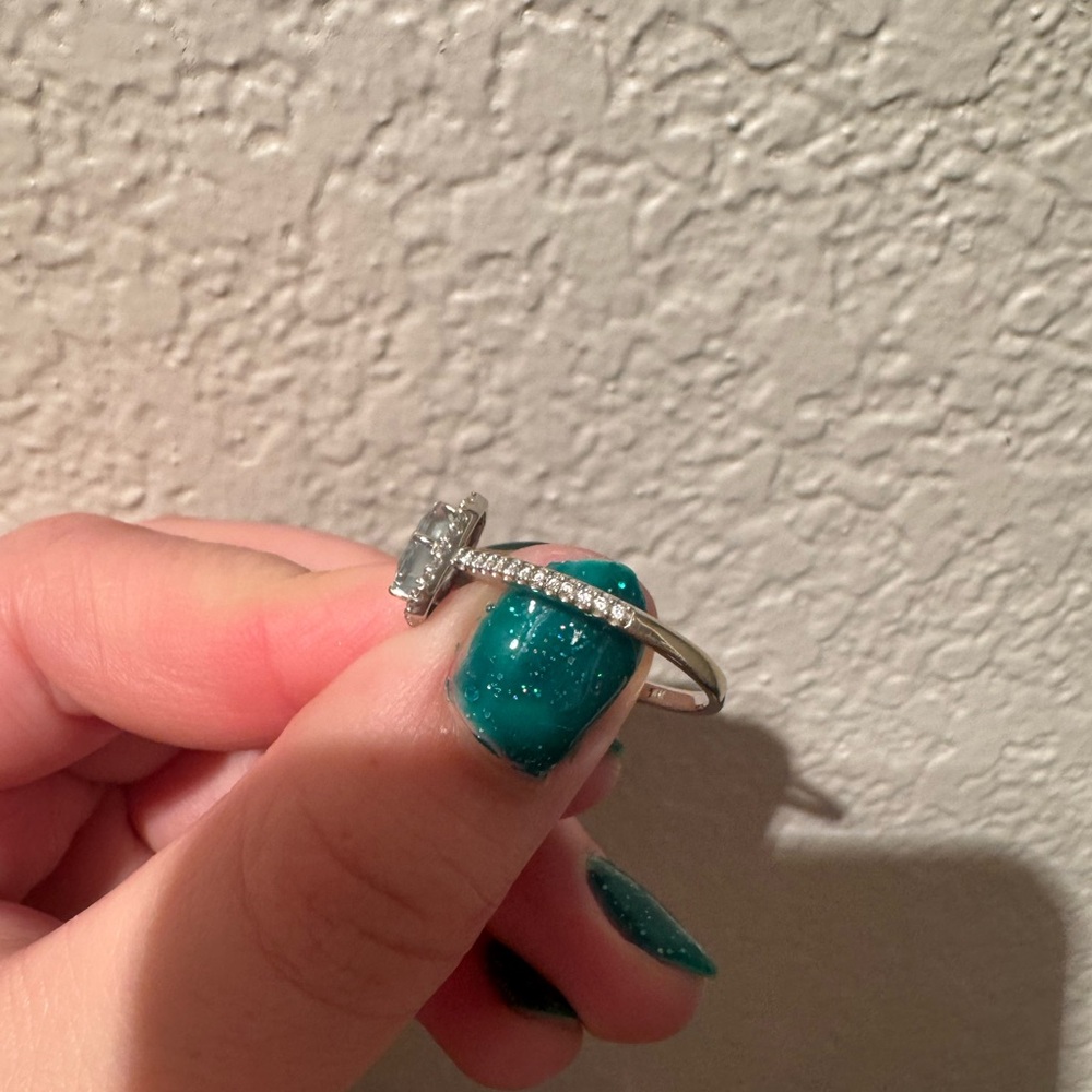 White Gold Aquamarine Ring w/ Diamond Halo and band - Picture 9 of 10